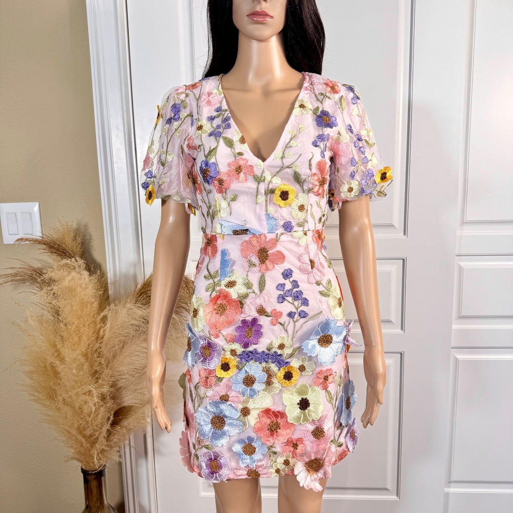 WOMEN'S 3D FLORAL BODYCON MINI DRESS WITH PUFF SLEEVES - Picture 6 of 13